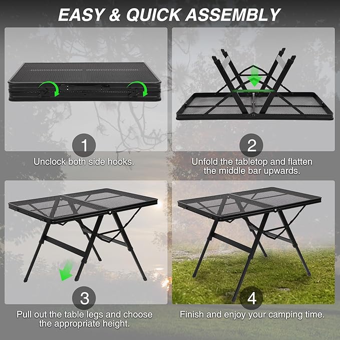 REDCAMP Folding Grill Table for Outside, Portable Metal Aluminum Outdoor Grill Table with Adjustable Height Pull-Out Square Tube Legs, Great for Camping Picnic Cooking BBQ, 36" L x 24" W