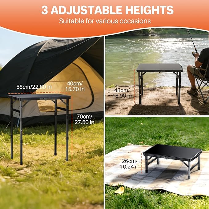 FUNYKICH Camping Table with Plastic Tabletop L22.8''xW15.7'', 3 Height Adjustable Small Folding Table, Lightweight Aluminum Portable Picnic Table with Carry Handle for Camping, Beach, Picnic, Black