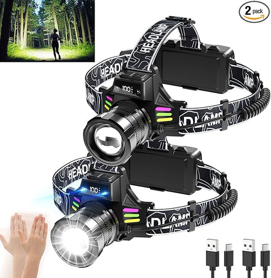 Rechargeable Headlamp 2 Pack, 3500 Lumens Bright Headlight for Adults with 7 Modes, Motion Sensor & Digital Display Waterproof for Camping, Hiking, Running, Luminous Strip