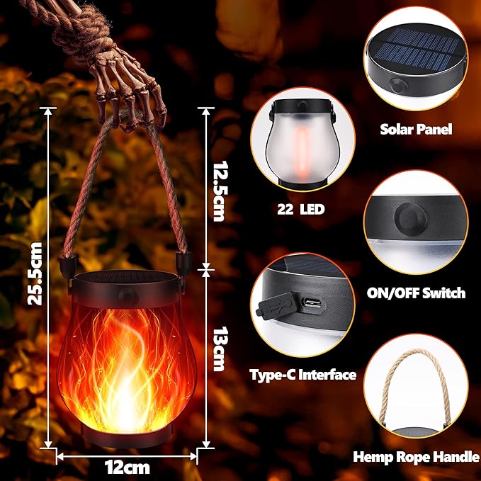 iBaycon 2 Pack Solar Lanterns Lights, Halloween Flickering Flame Garden Lights with 2 Modes Dual Charging USB & Solar, Outdoor Waterproof Hanging Lantern for Party Holiday Halloween Decor (Red)