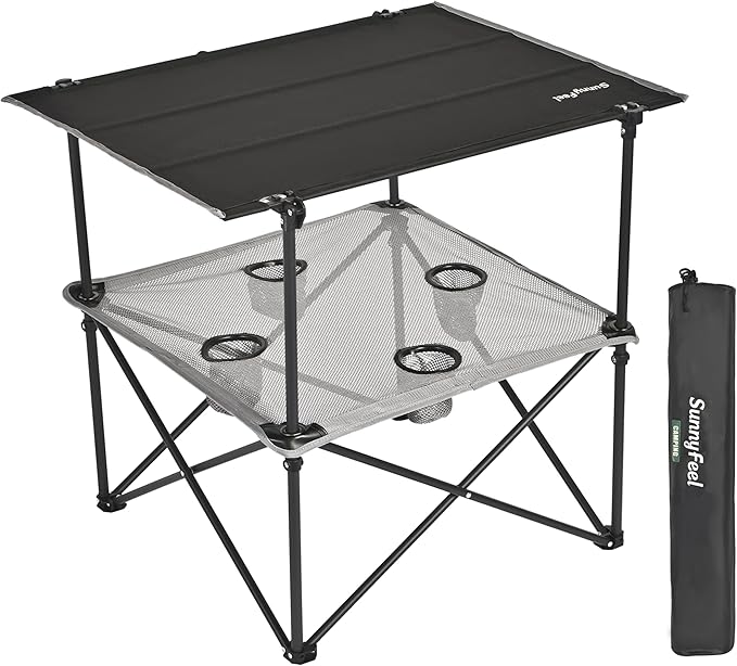 SUNNYFEEL Folding Camping Table- Collapsible Portable Beach Table with 4 Cup Holders & Carry Bags, Tailgate Table for Outdoor Excursion Picnic Hiking Fishing Travel Parties, Black