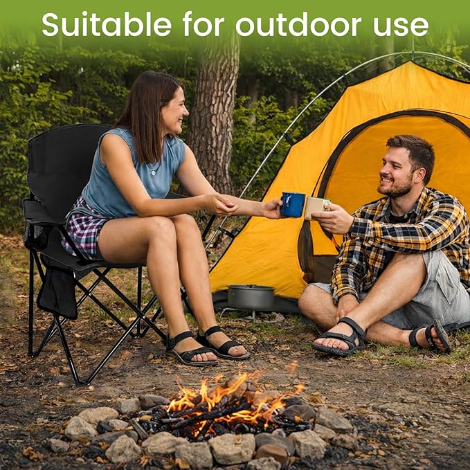 2 Pack Folding Camping Chair with Cup Holder & Side Storage Bag 300lbs Capacity Lightweight High Back Portable for Beach, Picnic, Sport, Black
