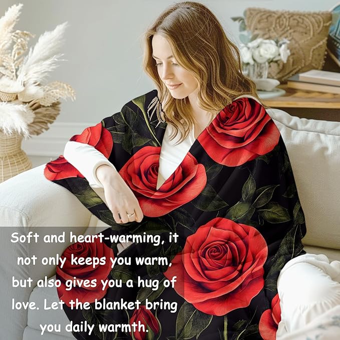 Red Roses Flannel Blanket, Floral Gifts, Floral-Themed Blanket for Women, Soft Lightweight Throw Blankets for Bed Home Travel Decor 50" x 60"