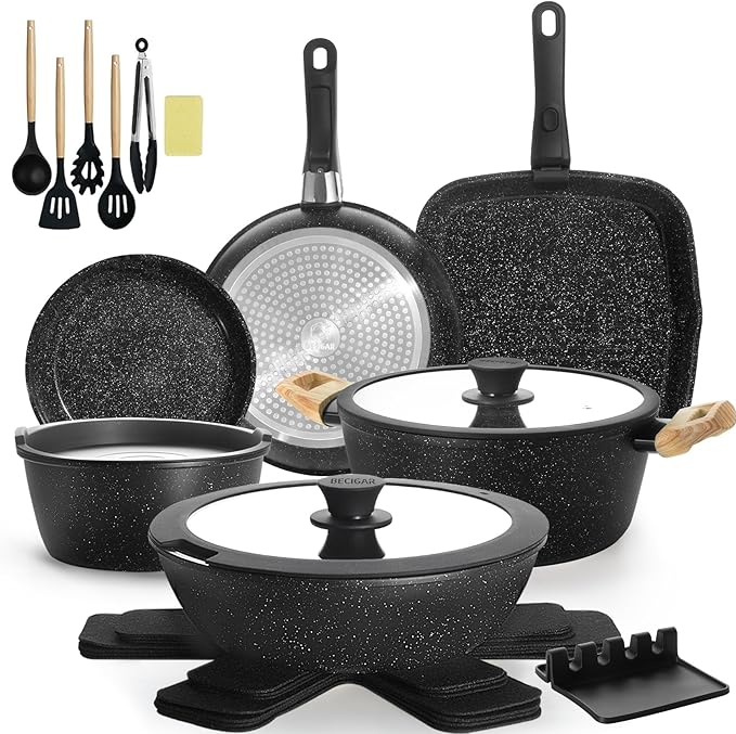 BECIGAR 23pcs Ceramic Pots and Pans Set, Nonstick Detachable Handle Cookware, Induction Kitchen Cooking Set with Removable Handle,include Frying Pans & Saucepans Oven Safe (Black)