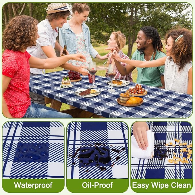 Picnic Table Cover with Bench Covers Portable Table Cloth Built-in Storage Pocket Fitted Tablecloth with Elastic Edges Waterproof Camping Essentials for Indoor Outdoor Rv,96in,Blue