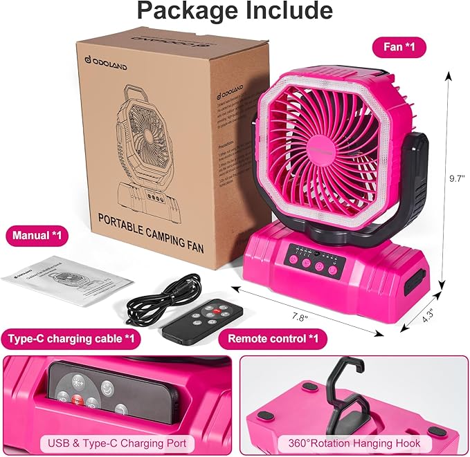 Odoland Portable Camping Fan with LED Lantern, 20000mAh Rechargeable Battery Powered Fan with Auto Oscillation, Timer, Remote, 360° Rotation Hook, 4 Speeds for Power Outage Travel Home,Pink