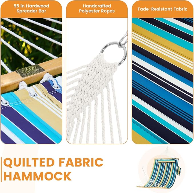 Lazy Daze Hammocks 2 Person Double Quilted Fabric Hammock with Spreader Bar, Detachable Pillow, Side Pocket, Carabiners, Chains, Straps for Outdoor, 450lbs Capacity, Beach Stripes