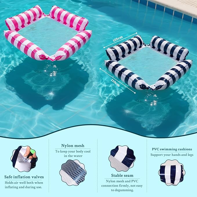 Pool Floats Adult Inflatable Hammock with Cooling Mesh, Portable Foldable Water Chair for Beach Vacation Essentials, Striped Floaties for Adults, Lightweight for Travel & Summer Relaxing