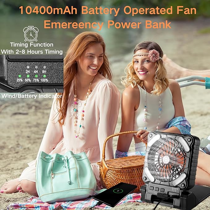 Solar Powered Portable Camping Fan,10400mAh rechargeable Solar Power Cordless Battery Fan with LED Lantern | 4 Wind Speeds Adjustable |3 Timers Modes | Quiet , Perfect for Tent, Fishing ,Picnic,orange