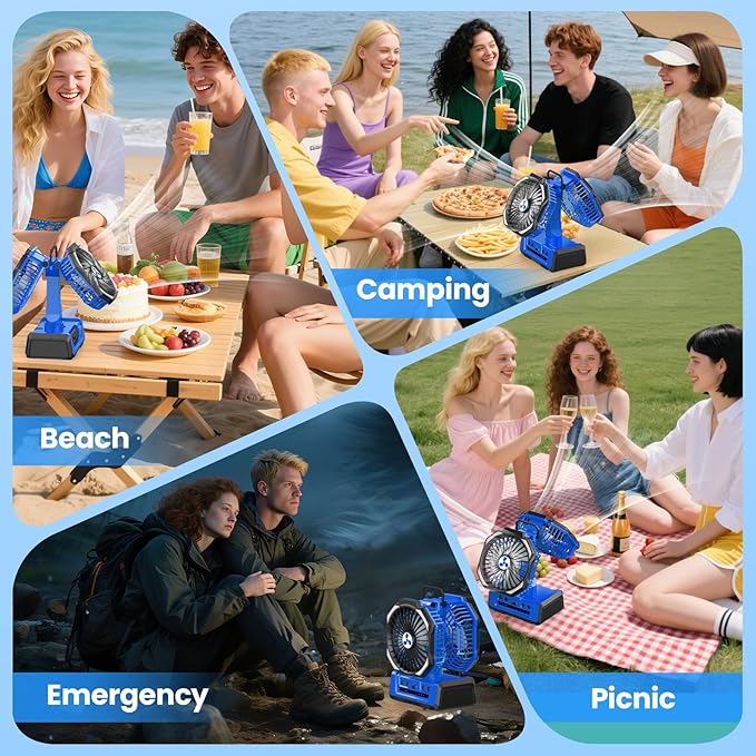 Dual Head Portable Rechargeable Fan 20000mAh Battery Powered Camping Fan Cordless with LED Lantern & Remote, Auto Oscillation, Hook, Battery Operated for Tent Office Travel Picnic Jobsite Orange