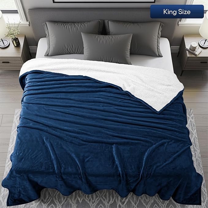 Utopia Bedding Sherpa Blanket King Size (Navy, 90x102 Inches) - Soft Lightweight Plush Fleece Reversible Blanket for Bed, Sofa, Couch, Camping and Travel