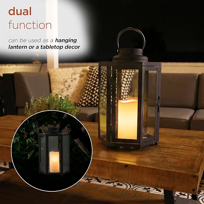 Alpine Corporation 14" Tall Outdoor Hexagonal Battery-Operated Metal Lantern with LED Lights, Black