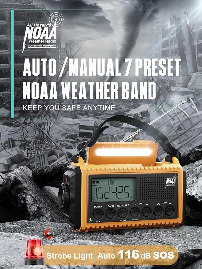 5000 Emergency Weather Radio- Portable Radio AM/FM/SW/NOAA with USB Charger, Rechargeable Battery Powered Solar/Hand Crank Radio with Flashlight, Large Backlit LCD Display, Headphone Jack, SOS Alarm