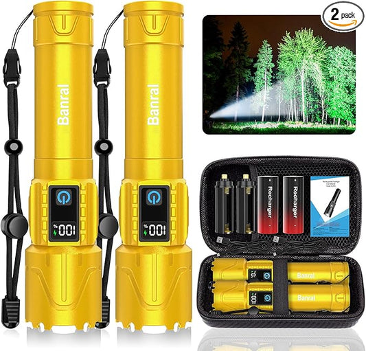 Banral Rechargeable Flashlights High Lumens - Super Bright LED Tactical Flash Light, Powerful Waterproof Handheld USB C Flashlight for Camping,Emergencies,Home,5 Modes,Zoomable (2, Gold)