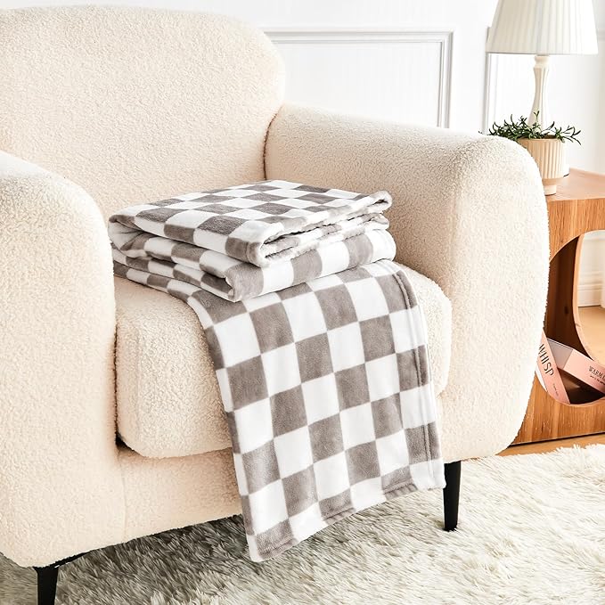Edenleaf Light Grey Checkered Blanket, Ultra Soft Fluffy Fleece - Checkered Grid Print Throws for Couch Sofa Bed, Cozy Luxury Throw Blanket for All Seasons, 60x80 Inch, Cashmere Smoke