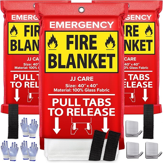 JJ CARE Fire Blanket – 3 Packs with Hooks and Gloves – 40” x 40” Fire Blankets Emergency for Home and Kitchen, High Heat Resistant and Flame Protection for Kitchen, Car, Office, Camping & Home Safety