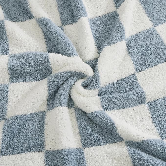 WRENSONGE Checkered Throw Blanket, Grey Blue Soft Cozy Fluffy Warm Hand Made Throw Blankets for Couch, Sofa, Chair, Bed, Camping, Picnic, Travel Lightweight Bed Blanket - 50"*60"