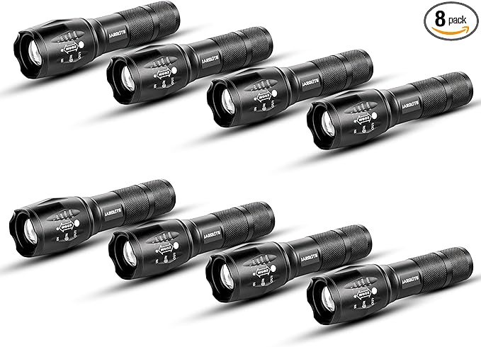 JARDLITE 8 Pack LED Emergency Handheld Flashlight, Adjustable Focus, Water Resistant with 5 Modes, Best Tactical Torch for Hurricane, Camping, Dog Walking