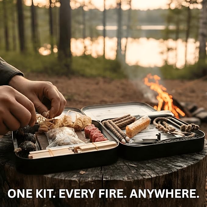 TinFerno Fire Starting Kit – 100pc Fire Starter for Campfires, Ferro Rod, Magnesium Flint, Char Cloth, Fatwood, Fire Kit, Hemp Wick, Camping, Bushcraft & Survival - Emergency Fire Starter Kit