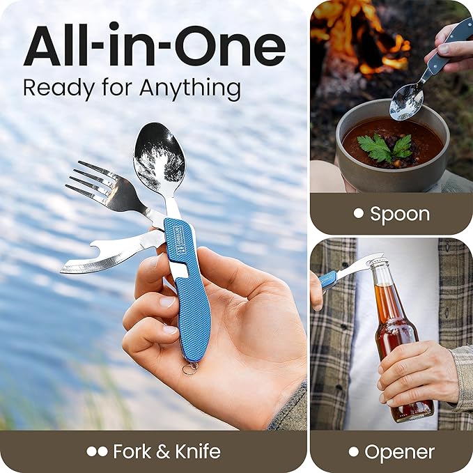 Orblue 4-in-1 Camping Eating Utensils, 2-Pack - Portable Spoon, Fork, Knife & Bottle Opener Combo Set - Stainless Steel Flatware with Detachable Fork - Travel, Backpacking Cutlery Multitool, Blue