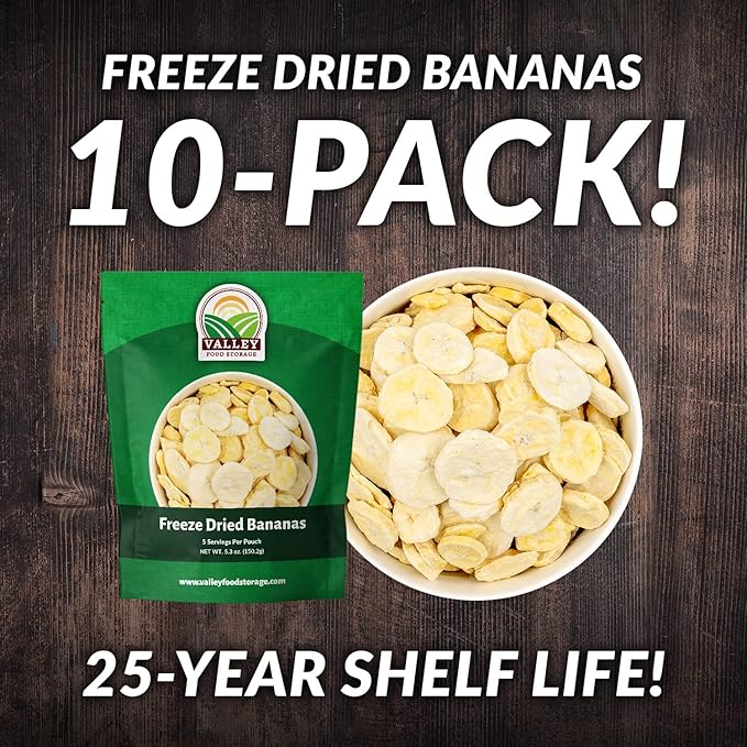 Valley Food Storage Freeze Dried Banana Slices | 10-Bag Bucket, 53 oz | Non-GMO Premium Emergency Food Supply, 25 Year Shelf Life | Prepper Supplies, Survival Food & Off-Grid Living | Packaged in USA