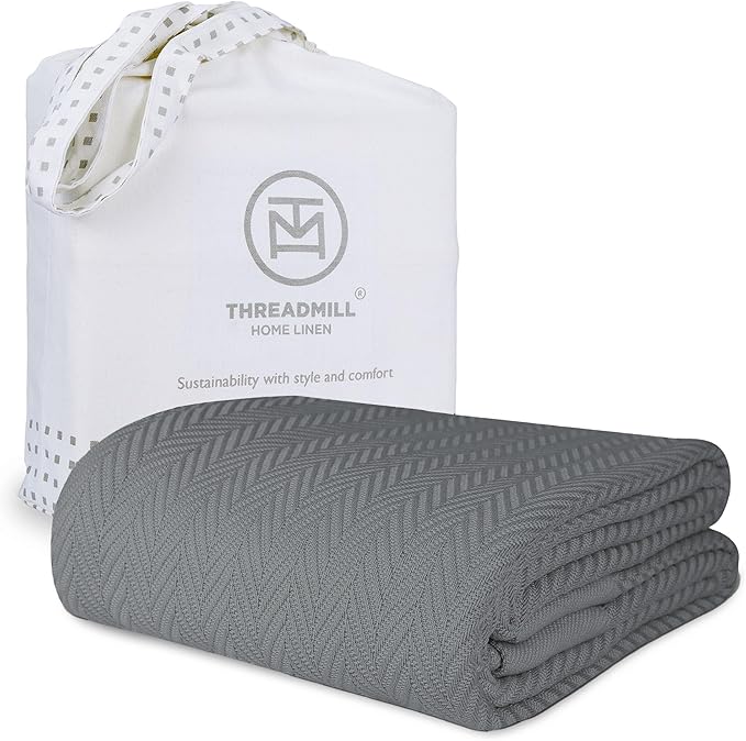 Threadmill Luxury Cotton Blankets for Queen Size Bed | All-Season 100% Cotton Queen Size Blanket | Herringbone Cozy, Soft Breathable Fall Thermal Blanket fits Full Size Bed | Dark Grey