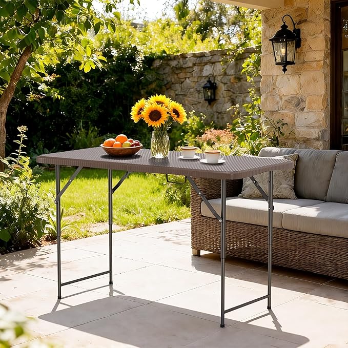FDW 4FT Folding Table Half Portable Foldable Table Picnic Table for Office Home Camping Party (Brown Ratten)