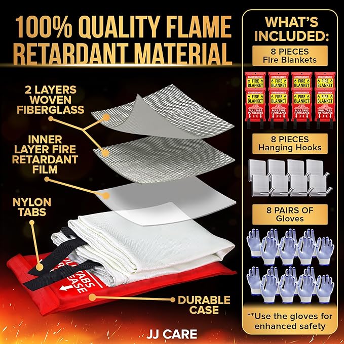 JJ CARE Fire Blanket for Home 40"x40" + 8 Hooks & 8 Gloves, Fire Suppression Blanket, Emergency Fire Blanket for People, Fire Blanket Kitchen, Emergency Use - White