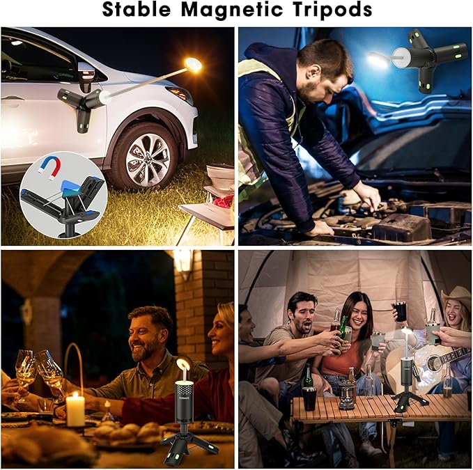 Camping Lights Rechargeable, Detachable Camping Lantern with Stand, Telescopic Waterproof Camp Lamp, Magnetic Work Hanging Light, LED Tent Flashlights for Emergency (Matte Black)