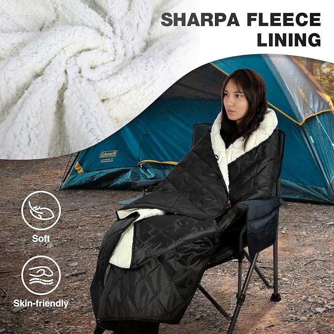 REDCAMP 59"x79" Large Warm Camping Blanket Waterproof Windproof with Fleece Lining, Outdoor Blanket for Cold Weather Stadium Picnic Travel, Machine Washable Black & White