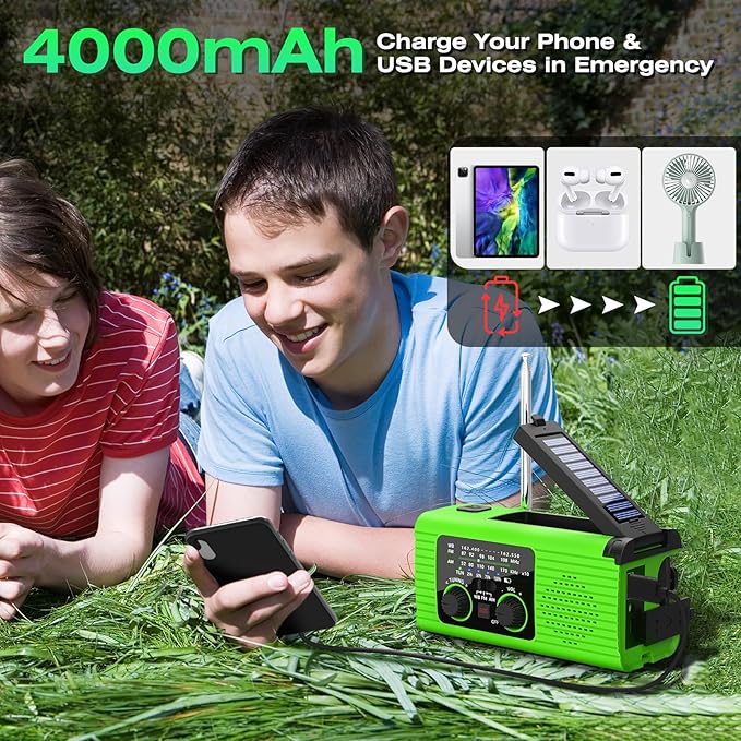 NITIGO Radios for Emergency, Multifunction Solar Charger Hand Crank NOAA Weather AM/FM Radio 4000mAh with USB Charged, Reading Lamp, Flashlight, SOS Alarm, Headphone Jack for Camping Emergencies