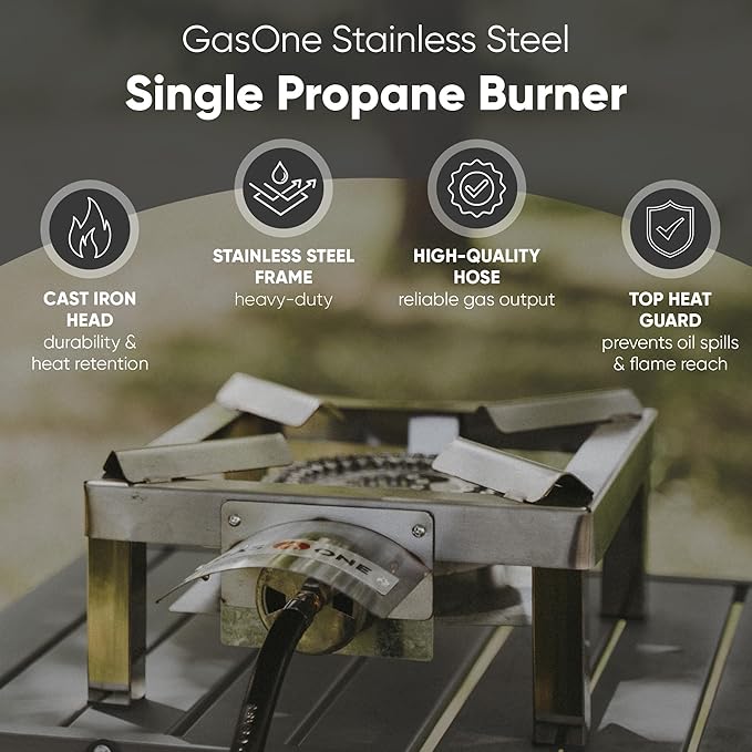 GasOne Stainless Steel Single Propane Burner - Outdoor Cooking with Heat Shield and Guard – Propane Burner Head for Camping, Tailgating, Seafood Boil, Home Brewing - Patented