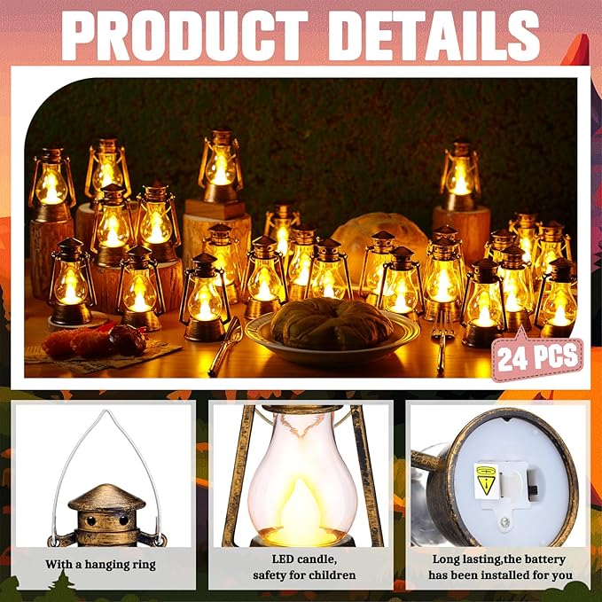 Ferraycle 24 Pcs Mini Lantern for Centerpiece Western Wedding Decor 4 Inch Camping Decorative with LED Candle Vintage Hanging Lantern Ornaments Bulk for Cowboy Cowgirl Xmas Party Decoration (Bronze)