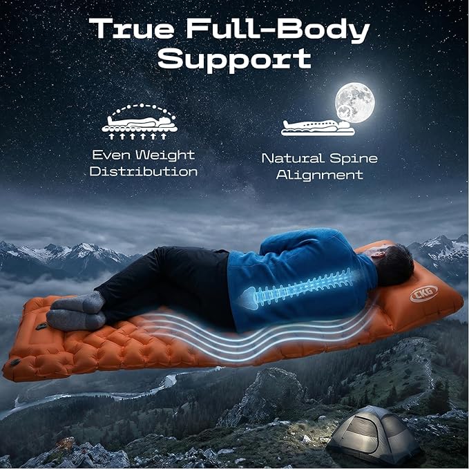 CKG Camping Sleeping Pad with Thermal Barrier, Ultralight Camping Mat 4in Thick with Pillow, Built-in Foot Pump Inflatable Sleeping Pad for Hiking Tent Road Trip Car Camp Travel Gear, Orange
