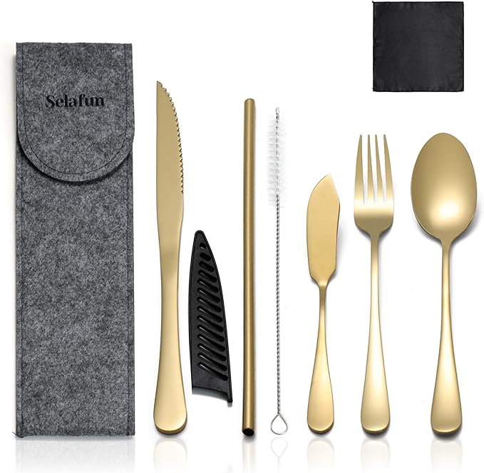 Travel Utensils with Case, Portable Silverware Set Stainless Steel Lunch Box Travel Cutlery Set for Work, Camping, Picnic, Hiking, Office (Gold)