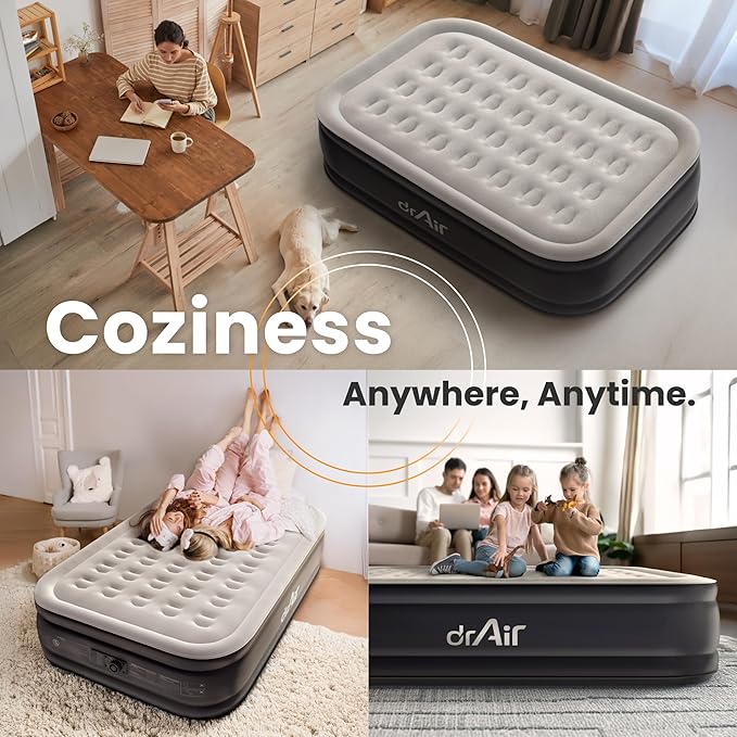 Dr. air Full Air Mattress with Built-in Pump, 18" Raised Blow Up Mattress, 600 lbs Max Honeycomb Air Bed, 48Hr Leak-Proof Test, 3min Inflatable Mattress for Home, Guests, Camping, Colchones inflables