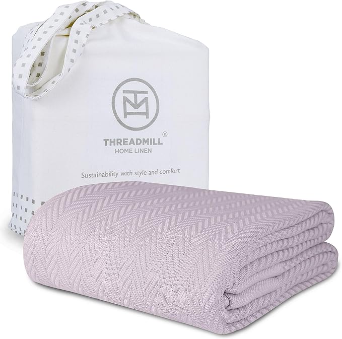 Threadmill Luxury Cotton Blankets for Queen Size Bed | All-Season 100% Cotton Queen Size Blanket | Herringbone Cozy, Soft Breathable Fall Thermal Blanket fits Full Size Bed, 90x92 | Lilac