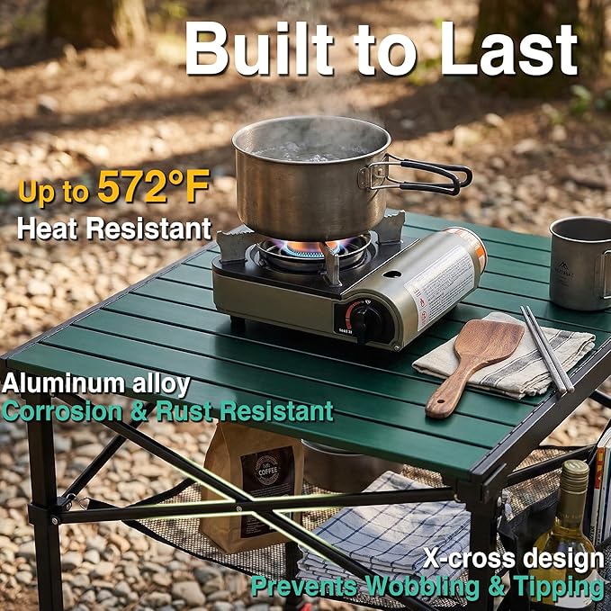 Camping Table Portable Foldable with Adjustable Height, Lightweight Collapsible Aluminum Roll-Up Camp Table with Storage Bag & Carry Bag, Heat-Resistant for RV Picnic BBQ Camping (Large 28"×25")
