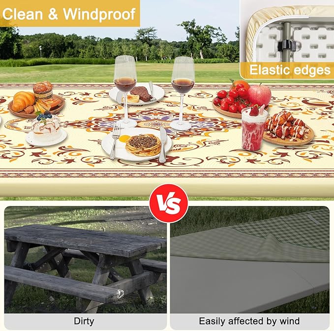 Picnic Table Cover with Bench Covers Portable Table Cloth Built-in Storage Pocket Fitted Tablecloth with Elastic Edges Waterproof Camping Essentials for Indoor Outdoor Rv,72in,Brown