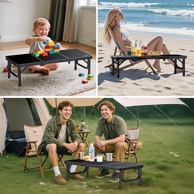 Anbte 3ft Low Folding Picnic Table, 10.3" Height Thicker Aluminum Small Camping Table with Storage Bag, Portable Handle, Lightweight, for Camping Beach Party Picnic Floor, 34.2" x 15.7", Black