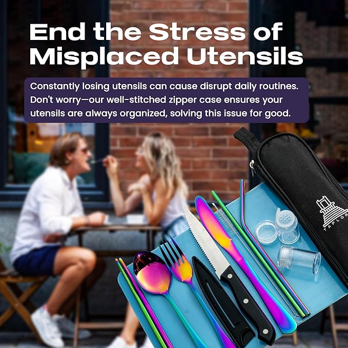 Taplord Portable Travel Silverware Set With Case, Includes 10 Pcs of Travel Utensils With Case, Stainless Steel Flatware Set For Camping, Lightweight (Multi-Color)