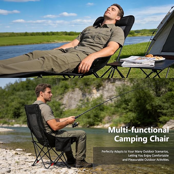 Black Reclining Camping Chair with Footrest, Portable Folding Lounge Chair, 4-Position Adjustable Folding Camping Chair with Headrest & Storage Bag for Outdoor Lawn, Hiking, Picnic, Fishing