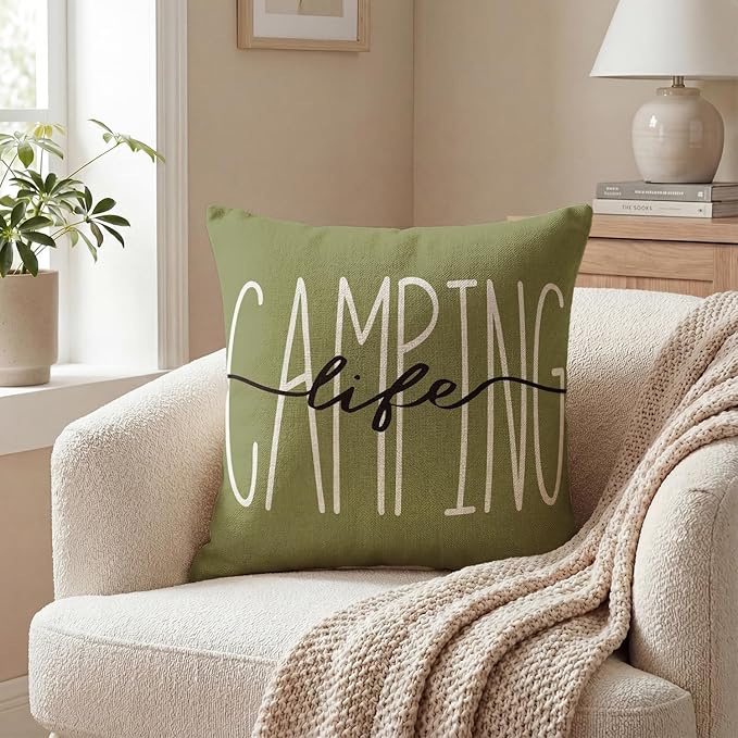 AVOIN colorlife Happy Camper Camping Life Outdoor Waterproof Throw Pillow Covers, 18 x 18 Inch Gnome S'More Campfire Decoration Holiday Cushion Cases for Home Patio Furniture Garden Set of 4