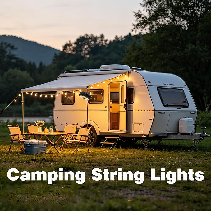 Solar Camping String Lights 32.8FT, 9 Lighting Modes 4 in 1 Portable Waterproof Camp Lantern, Retractable Rechargeable Fairy Lights with Hanging Hook for Outdoor Tent Garden Patio RV Yard Essentials