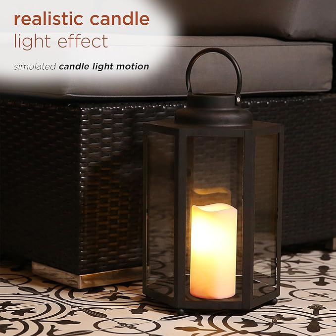Alpine Corporation 14" Tall Outdoor Hexagonal Battery-Operated Metal Lantern with LED Lights, Black
