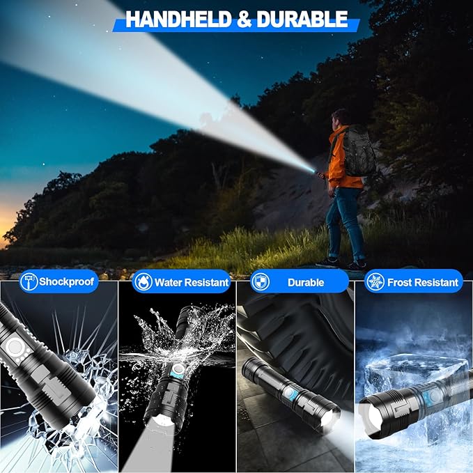Rechargeable Tactical Flashlights High Lumens,Super Bright LED Flashlight,Powerful Flash Light with 5 Modes,Waterproof,Power Handheld Flashlight for Emergency,Camping,Hurricane,Hiking