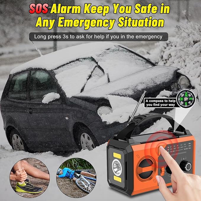 30000mAh Emergency Radio with NOAA Weather Alert, Emergency Hand Crank Weather Radio Portable AM/FM/NOAA Solar Radio with Compass SOS&Flashlight for Survival and Camping/Home (Orange-30000mAh)