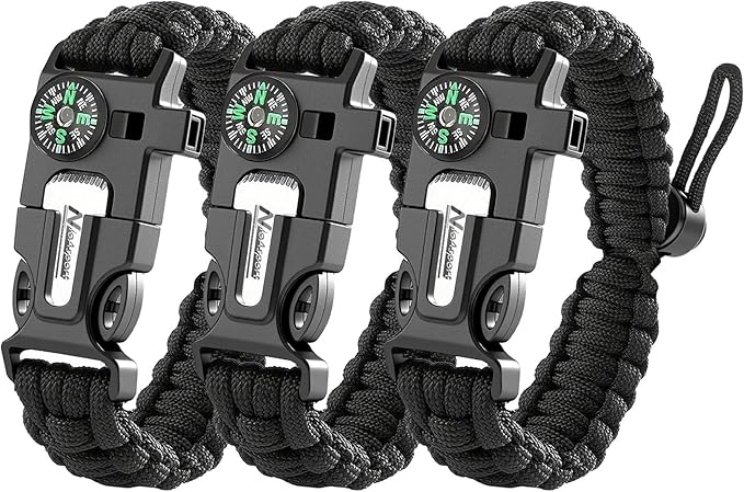 Paracord Survival Bracelet (3 Pack) - Adjustable with Fire Starter, Whistle, Compass - Survival Gear for Hiking, Camping, Fishing, Gifts for Men Dad Husband