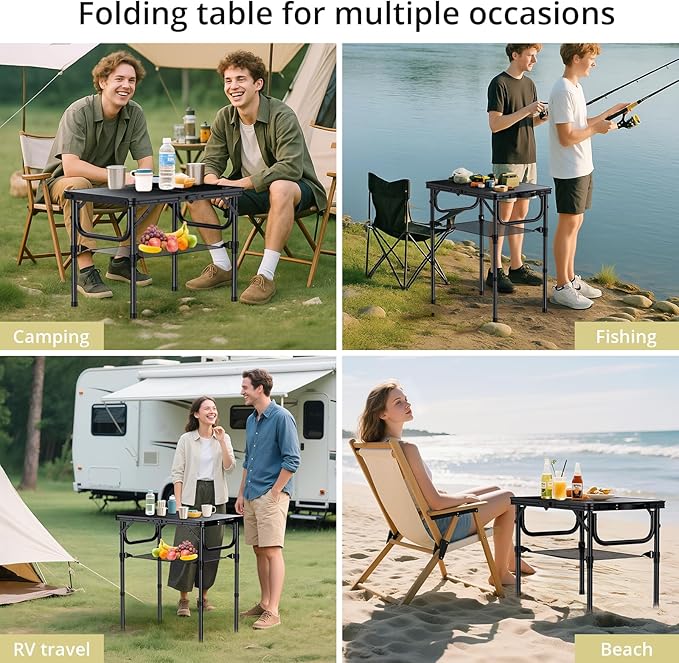 Anbte 2ft Folding Camping Table with Storage Net, 3 Adjustable Heights Small Folding Table Lightweight & Portable with Carry Handle, for Camping, Fishing, Picnic, Beach, Outdoor, 22.8" x 15.7", Black