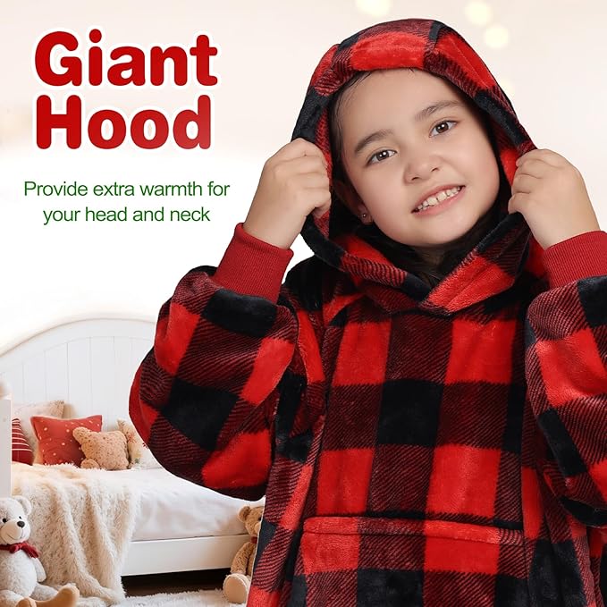 Waitu Wearable Blanket for Kids, Wearable Blanket Hoodie Gifts for Teens Girls and Boys, Warm Blanket Sweatshirt for Teenage, Hoodie Blanket with Sleeves - Red and Black Plaid